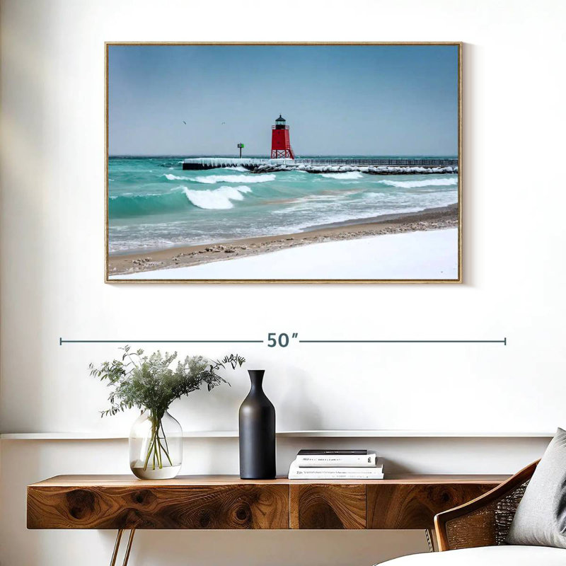 Vue du phare de Charlevoix, Cadre flottant en bois naturel, 40 po x 27 po