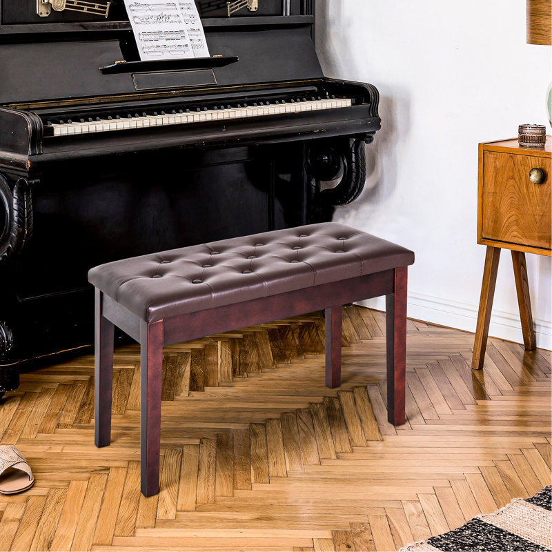 Faux Leather Covered Duet Piano Bench, Brown, With Strong Wooden Support Chair, Stable Base
