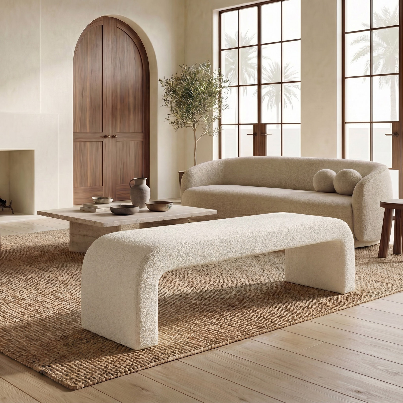Daine 62" Linen Bedroom Bench, White Faux Lambs Wool