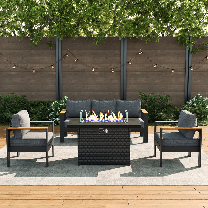 Outdoor Aluminum Furniture Set with Fire Pit Table, Modern Patio Conversation Sets for Porch, Backyard, Dark Grey