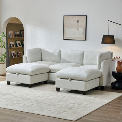 Canapé modulaire 96,5 po pour salon, canapé rembourré en chenille douce avec rangement, canapé 3 places avec deux repose-pieds en forme de U beige