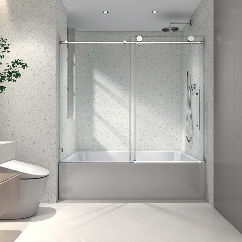 Frameless One Fixed And One Shifted Shower Door,Stainless Steel Large Pulleys With Adjustable Soft Closing Function,With Nano Easy Cleaning,Stick Explosion-Proof Menbrance