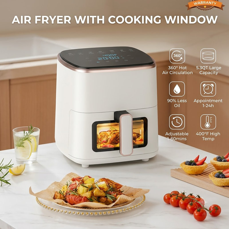 Friteuse à air de 5,3 pte avec fenêtre de cuisson 7 préréglages 1350W blanc