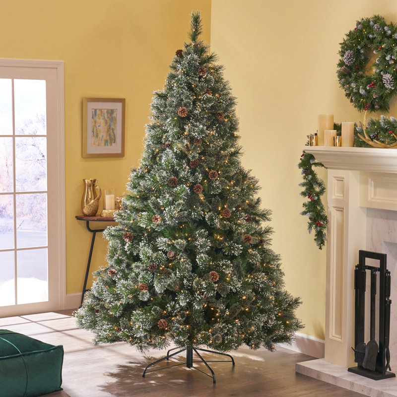 Arbre mélangé 9 'en cachemire et poils de neige avec 105 pommes de pin et 1 200 lumières claires, 2317 pointes, diamètre: 69