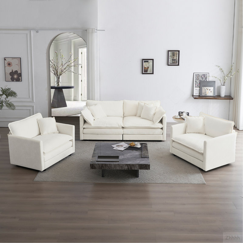 Ensemble de canapé 3 pièces avec coussins et coussins décoratifs, ensemble de canapé comprenant 2 fauteuils et un canapé à 2 places, ensemble de canapé décontracté peu encombrant pour le salon, chenille blanche