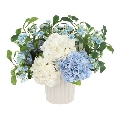 Hydrangea and Budding Stem Arrangement in Decorative Vase