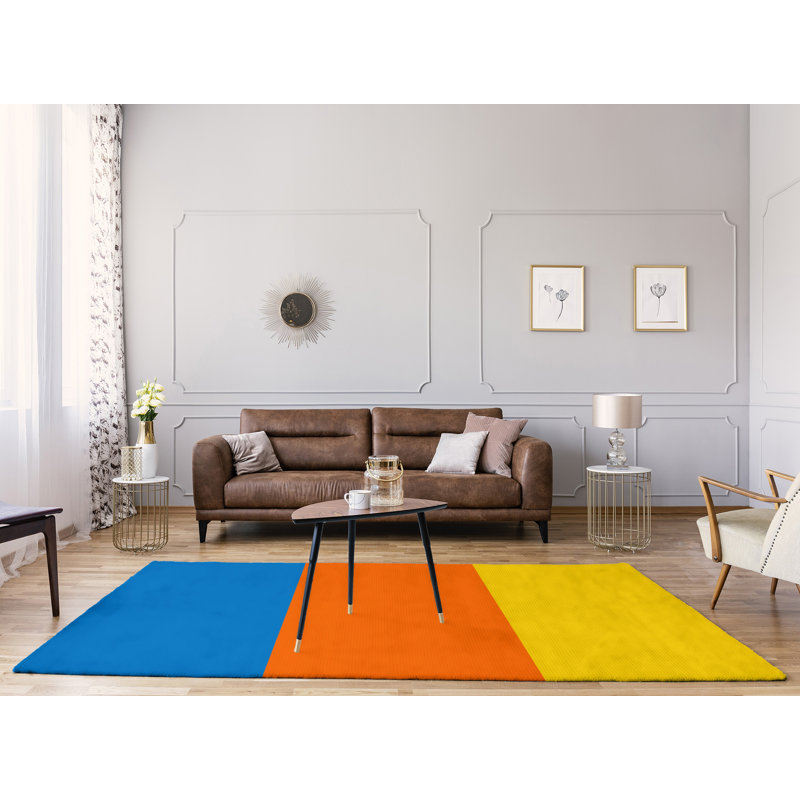 Tapis bleu/orange/jaune tissé à plat Miami, Rectangle 8 pi x 10 pi
