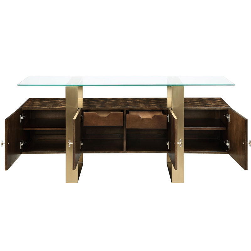Console de rangement avec plateau en verre trempé et 4 tiroirs en laiton et laiton antique