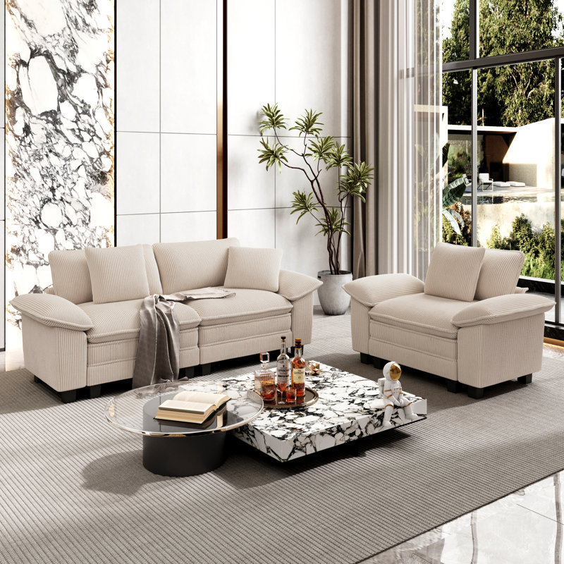Living Room Set, Beige Corduroy