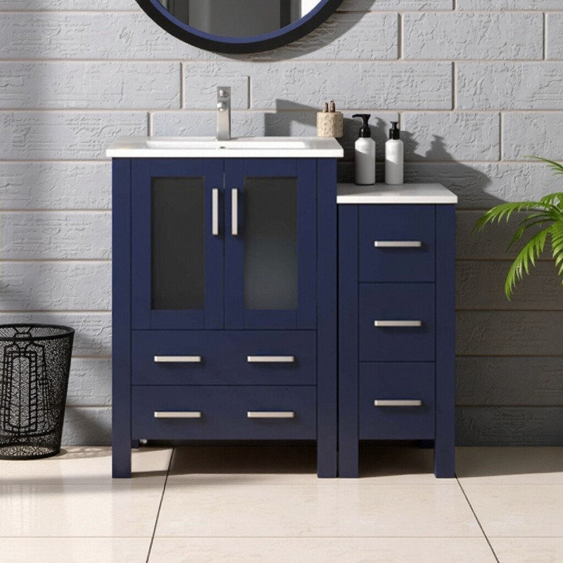 Ensemble de meuble-lavabo 36 po en contreplaqué avec armoire latérale et robinet, Bleu