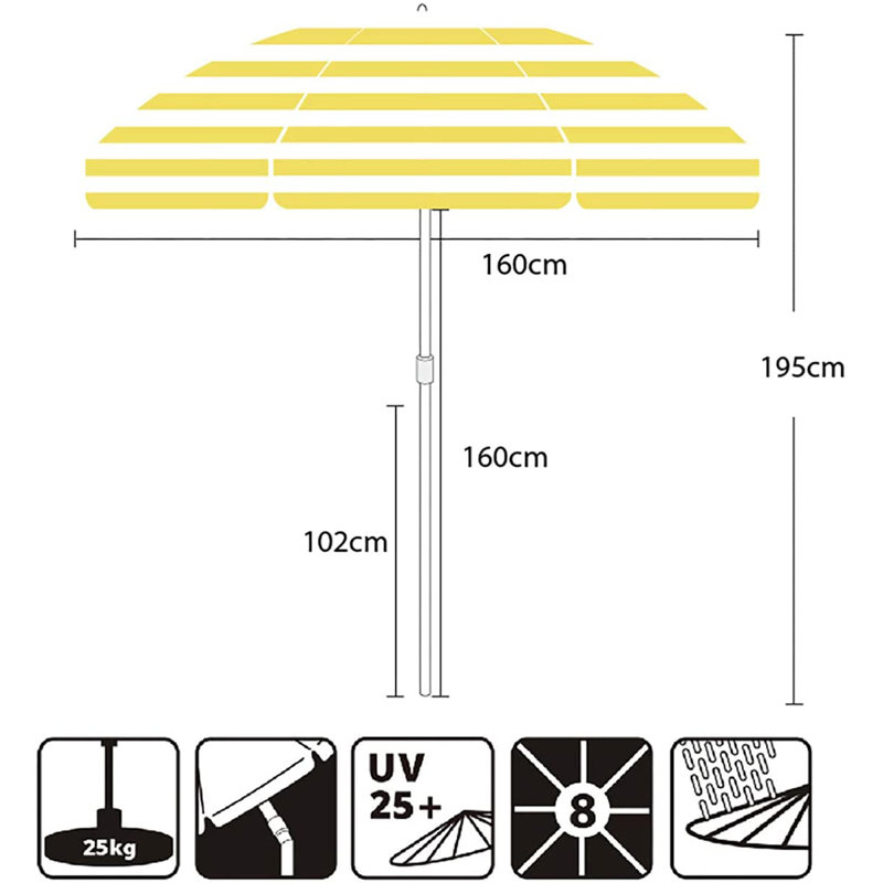 Round 1.6m Beach Parasol, Yellow/White Stripes