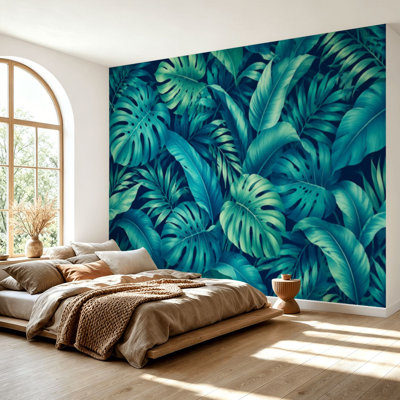 Papier peint adhésif auto-adhésif moderne pour la chambre à coucher avec feuilles tropicales L 69 po x l 96 po Peel and Stick