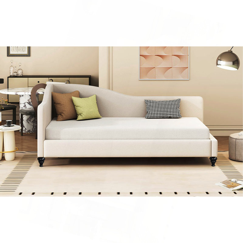 Lit de jour simple en L en forme de L avec pieds en bois massif, Beige, Lit simple