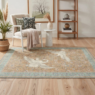 Alfred Crane Vista Vintage Machine Washable Beige / Yellow Indoor Area Rug with Non-Slip Backing