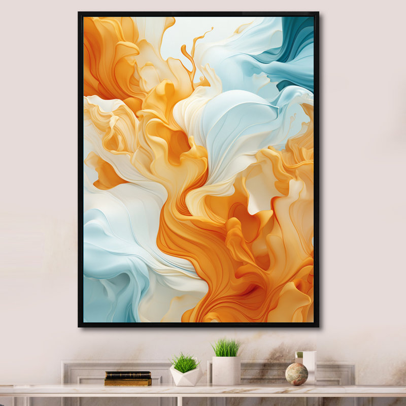 Encre liquide orange vif et turquoise, art abstrait - formes abstraites, H 20 po x l 12 po x P 1 po, Cadre flottant noir