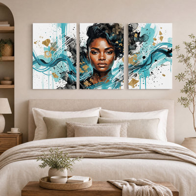 Portrait de femme noire avec ensemble abstrait de 3 toiles bleu sarcelle et or