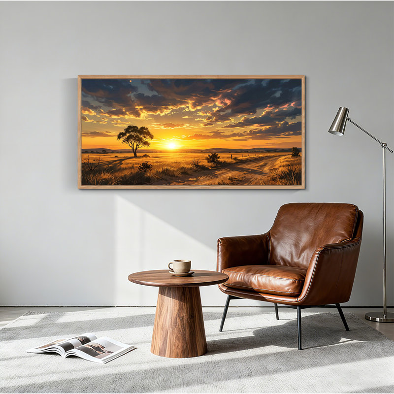 Paysage de coucher de soleil doré avec arbre solitaire et chemin de terre - Tableau sur toile, 46“W x 24”H
