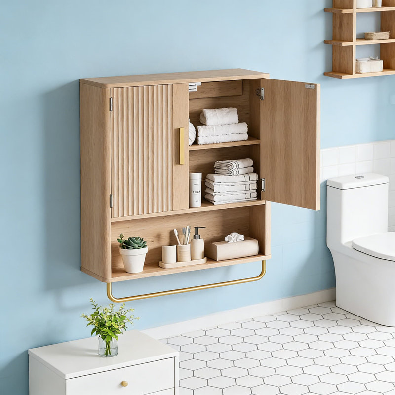 Armoire de salle de bain murale avec panneau de porte cannelé et tablette réglable, armoire à pharmacie flottante avec tablette ouverte et barre à serviettes, armoire de rangement pour salle de bain, salle de lavage et cuisine