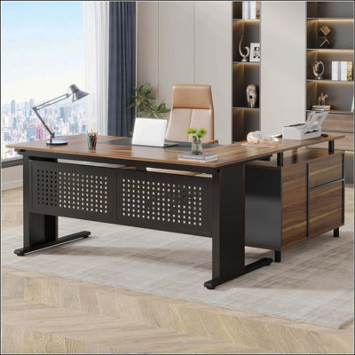 L-Shaped Executive Desk With File Cabinet, Large Modern Office Desk With Drawers, Shelves & Storage, Corner Computer Workstation For Home Office, Business Desk
