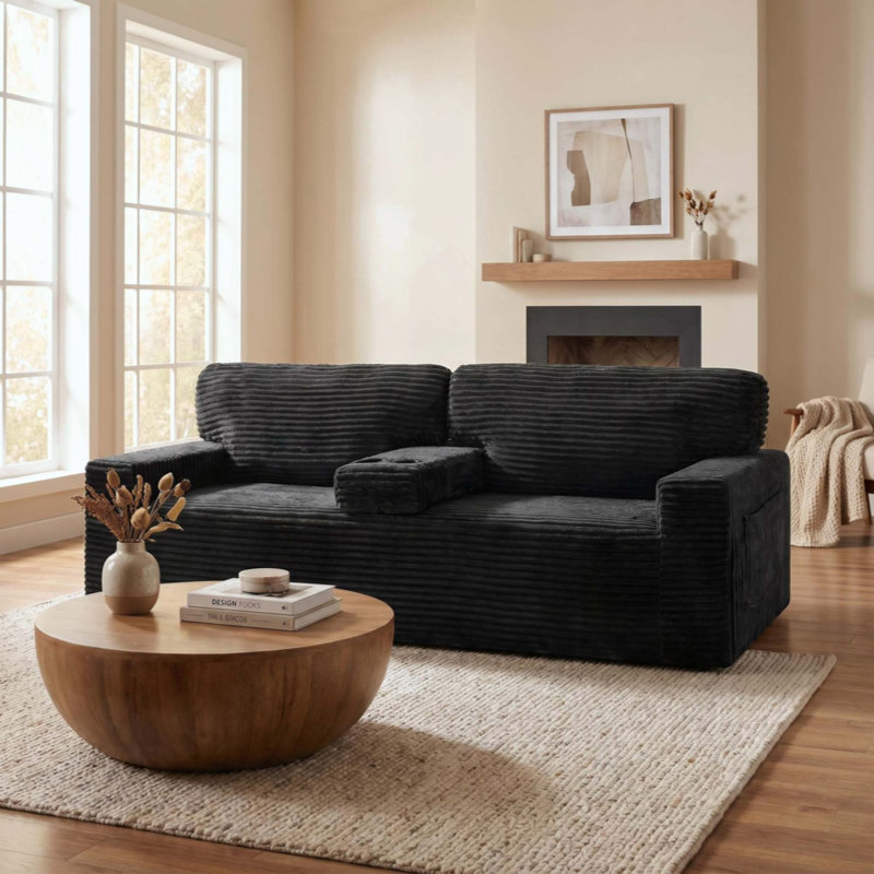 Canapé à compression sans pieds, velours côtelé moelleux avec porte-gobelets intégrés et poche de rangement latérale pour le salon