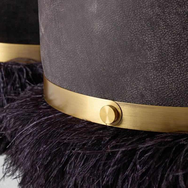 Leather Ostrich Fluff Pouf, Charcoal/Black