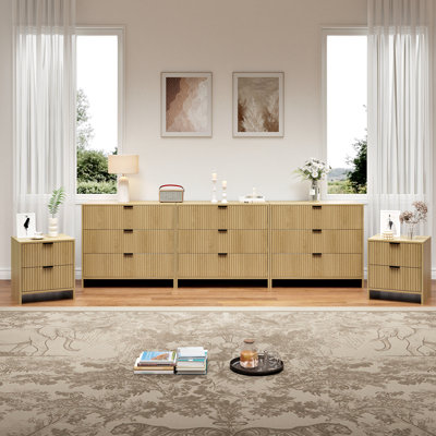 Fluted Dresser And Nightstand Sets, 5 Piece Bedroom Set, Modern Dresser & Chest Of Drawers With 9 Drawers, Set Of 2 Nightstands End Table, Natural Oak