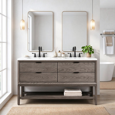Meuble-lavabo autoportant 60 po en bois massif avec plateau en marbre 60 po