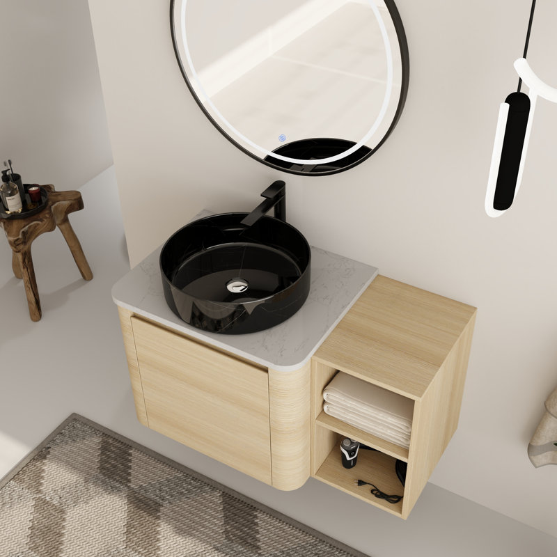 Ensemble de meuble-lavabo mural simple 36 po avec plateau en pierre reconstituée Eaton, 36, Noir / blanc