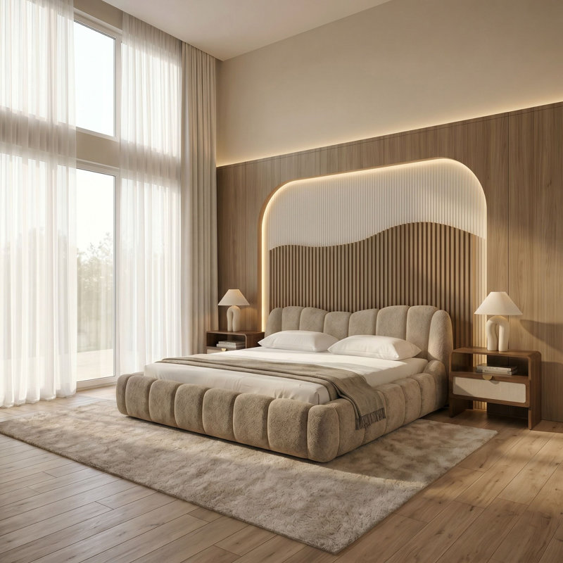 Janine - Lit moderne en tissu beige