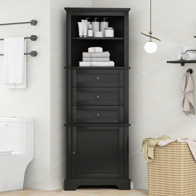 Grande armoire triangulaire noire avec 3 tiroirs et tablettes réglables pour la salle de bain, la cuisine ou le salon, panneau en bois aggloméré avec finition peinte (WF306469aag nouvelle couleur)