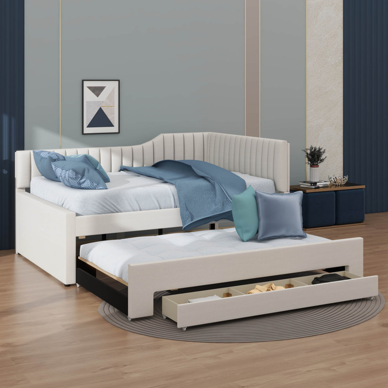 Upholstered Daybed Complete With Trundle And Three Spacious Drawers, Beige, Full/Double