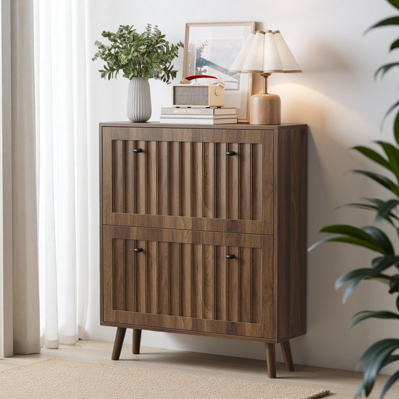 Medieval-Style Modern Shoe Cabinet, Upright Shoe Storage Unit With Vertical Grooved Finish, 31.5-Inch Shoe Cabinet, Suitable For Hallways, Passageways And Entrances.