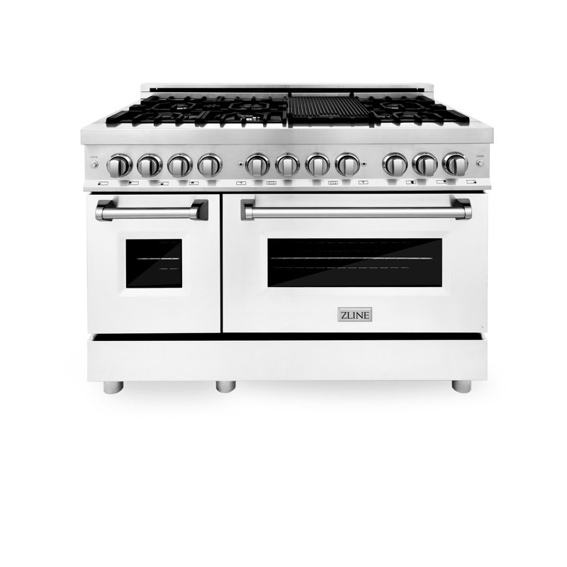 ZLINE 48 in. 6.0 cu. ft. Legacy Dual Fuel Range with 7 Burner Gas Cooktop and 2 Electric Ovens, White Matte Stainless Steel