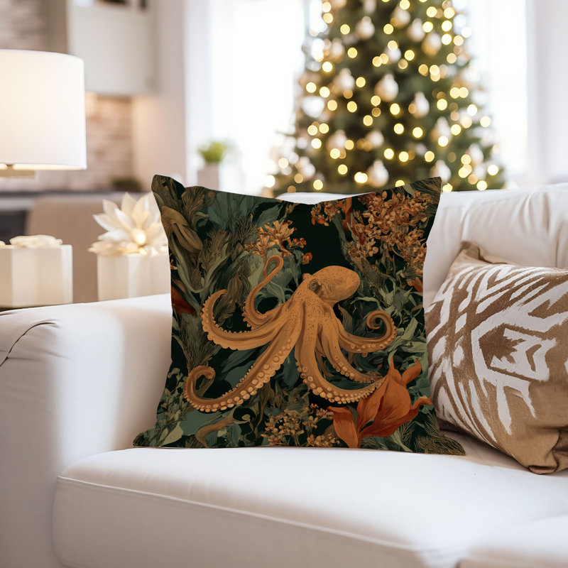 Housse de coussin nautique Beach and Coastal Octopus, Carré 16 po, Green/Orange Nautical/Beach 4
