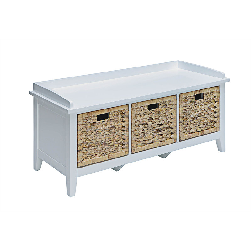 White Wood and Rattan Storage Bench with Drawers