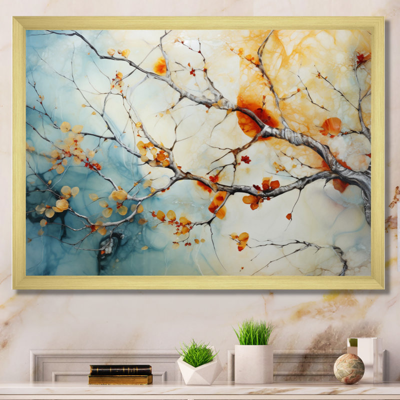 Orange, bleu sarcelle, érable brillant, agate I - arbre érable, art mural, Cadre doré simple, H 12 po x l 20 po x P 1 po