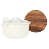 Bloomhouse 7 Qt Cast Iron Dutch Oven w/ Lid, European Enamel, & Walnut Wood Trivet - Oat White