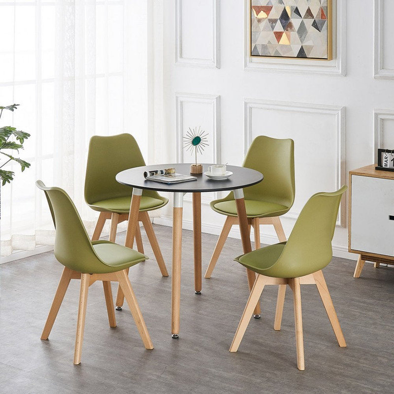 Christy 4 Person Dining set - a Round Plastic Dining Table with Wooden Legs and a Set of 4 Faux Leather Cushion Padded Dining Chairs for Dining Room - Modern Dining Table Set