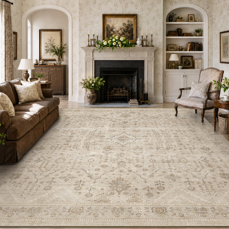 Tapis traditionnel délavé antidérapant lavable, Crème / Ivoire, Rectangle 9 pi x 12 pi