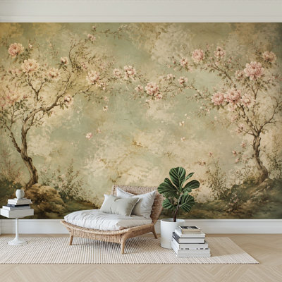 Papier peint adhésif mural rétro à motif floral, fleurs de rose doux, papier autocollant amovible vert, papier peint pour salon H 100 po x l 144 po