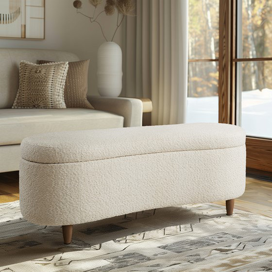 Boucle Flip-Top Storage Bench, Cream