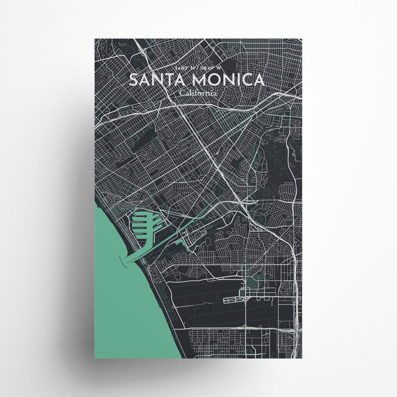 Santa Monica, carte de la ville, impression, H 17 po x l 11 po, Vert/gris