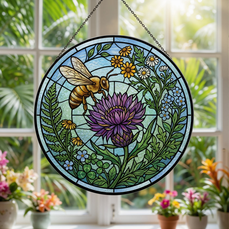 Panneau de vitrail abeille chardon, H 12 po, 12"H