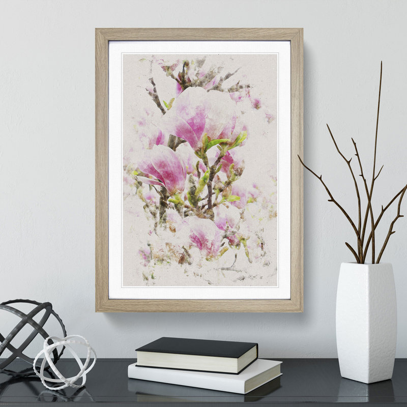 Pink Magnolia Blossom Flowers - Framed Print, 65cm H x 48cm W x 2cm D, Oak Framed