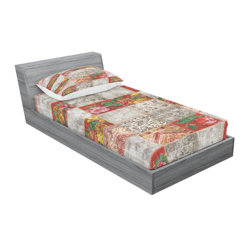 Twin XL White and Multicolor Microfiber Patchwork Sheet Set