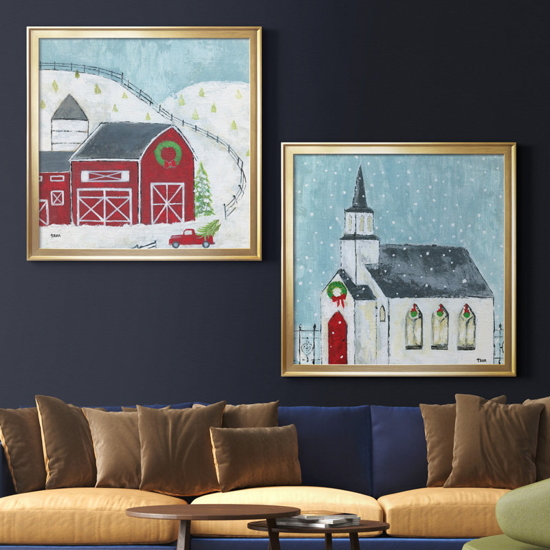 Christmas Barn - ensemble d'impressions 2 pièces, Toile encadrée dorée, Pas de tapis, H 34,5 po x l 69 po x P 1,5 po
