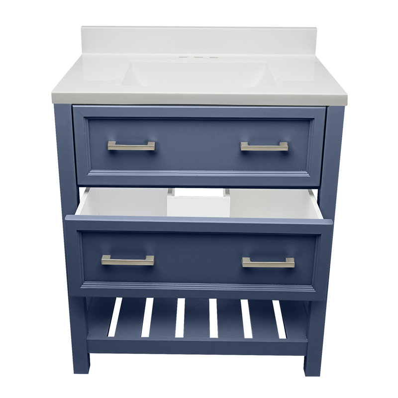 31 " W Freestanding Standard 1 Single Vanity Bathroom Vanity With Engineered Quartz Top, White/Backsplash, Navy Blue, Triple
