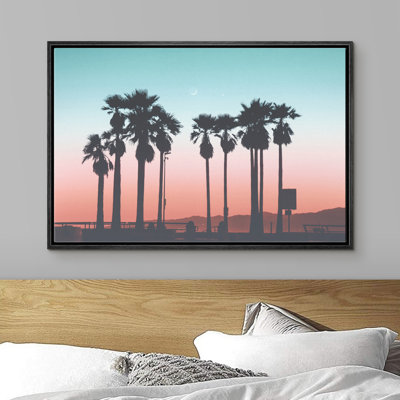 Palm Trees With Sunset Horizon - Floater Frame Print on Canvas