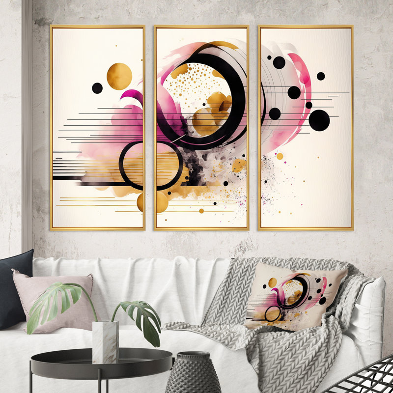 " Pink Abstract " 3 - Pieces, 32" H x 48" W x 1" D, Gold Framed