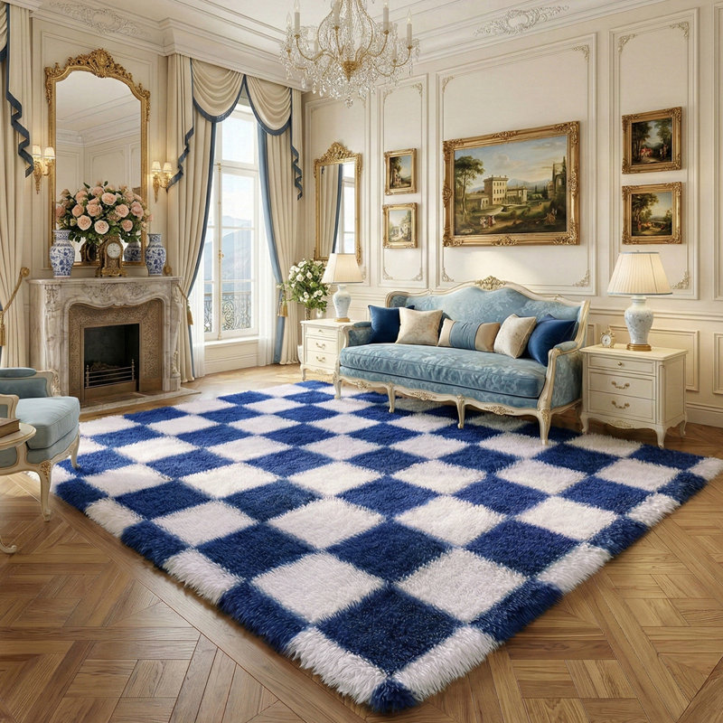Plush Checkered Shag Area Rug - Soft Fluffy Blue & White Grid Fleece Carpet for Living Room, Bedroom, Dry-Clean Only, High-Pile Shaggy Rug with Modern Checkerboard Pattern, Cozy Non-Slip Floor Decor for Contemporary Home Spaces
